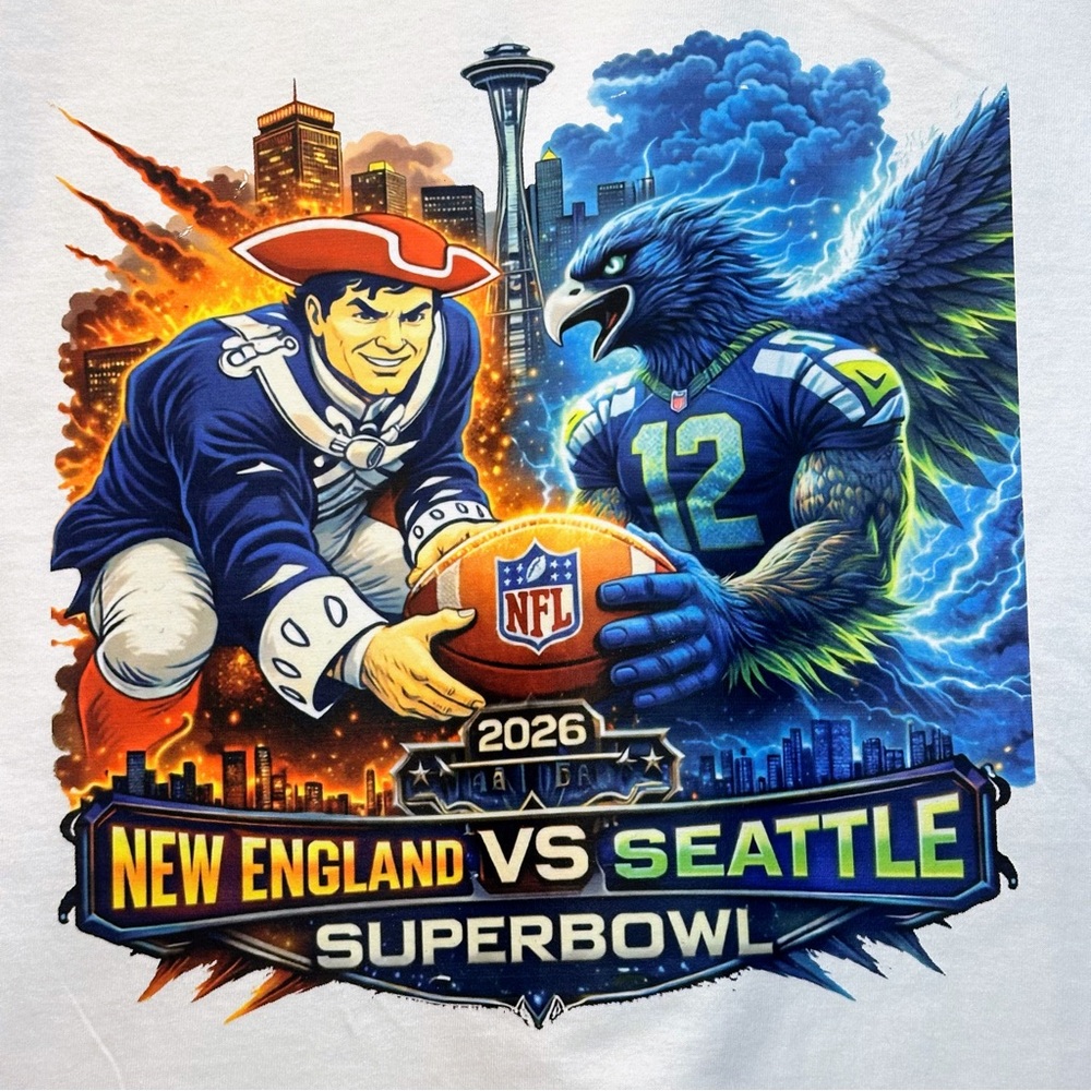 Womenâs or Menâs New England vs Seattle Superbowl T-Shirt - Blue and Orange - Picture 2 of 4